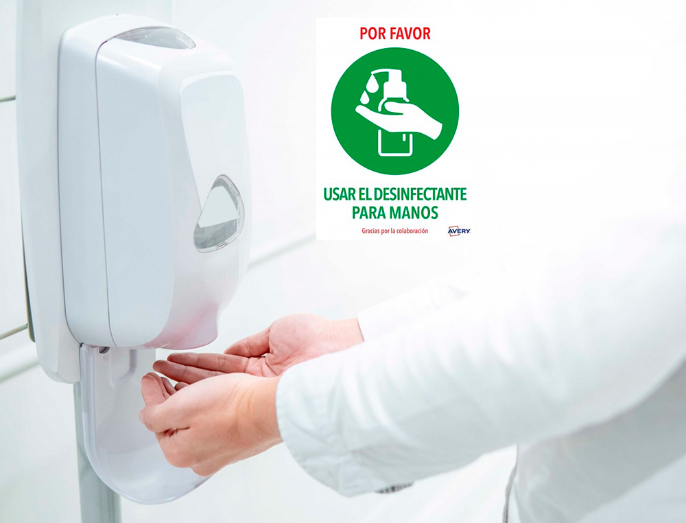 AVERY - Señal adhesiva usar el desinfectante para las manos din A4 resistente a los rayos uv pack de 2 unidades (Ref. AV_KITCOVID3_ES)
