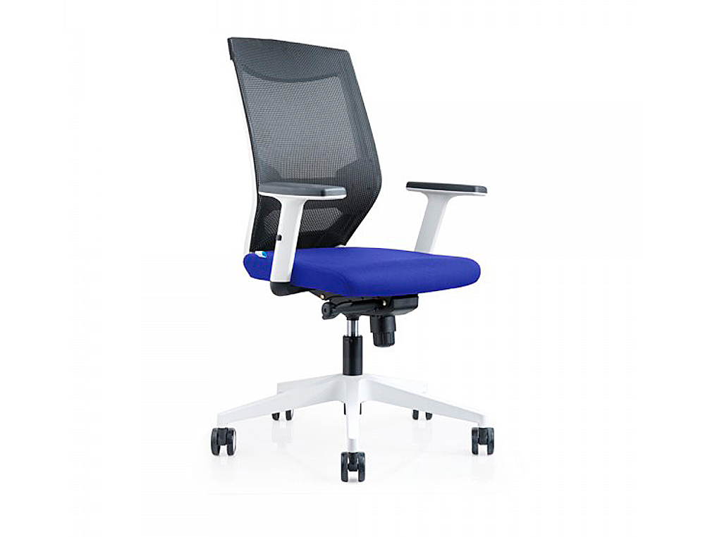 ROCADA - Silla de oficina con brazos regulables y respaldo malla negro tapizada en tela ignifuga azul color blanco (Ref. 908W-3)