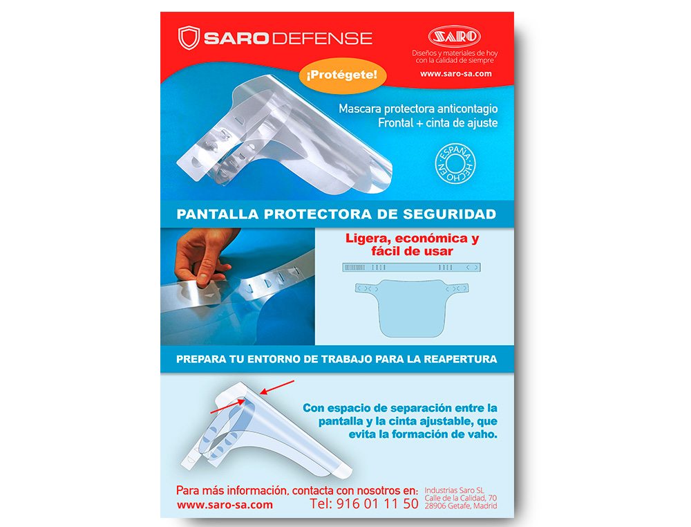 SARO - Protector facial transparente glasspack 400 mc cinta ajustable evita vaho medidas 235x330 mm transparente (Ref. Anti-Covid)