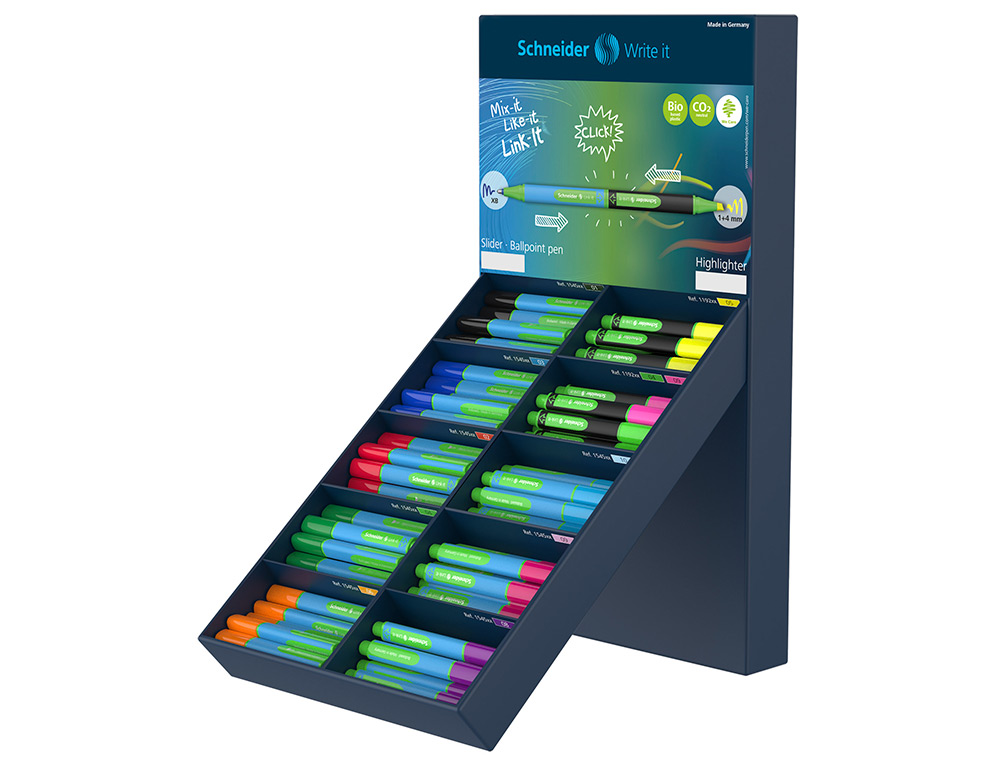 SCHNEIDER - Boligrafo slider caucho triangular 85% bioplastico exp. 80 unidades surtidas + 20 fluorescentes (Ref. SH2833)