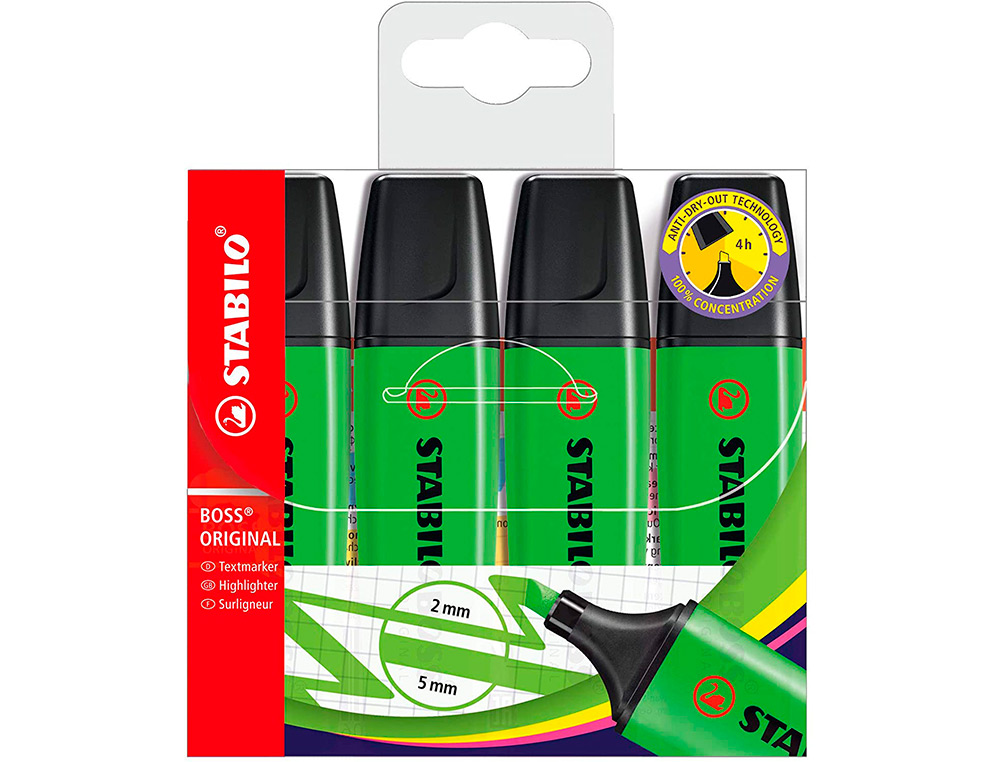 STABILO - Rotulador boss fluorescente 70 verde estuche de 4 unidades (Ref. 70/4-33)