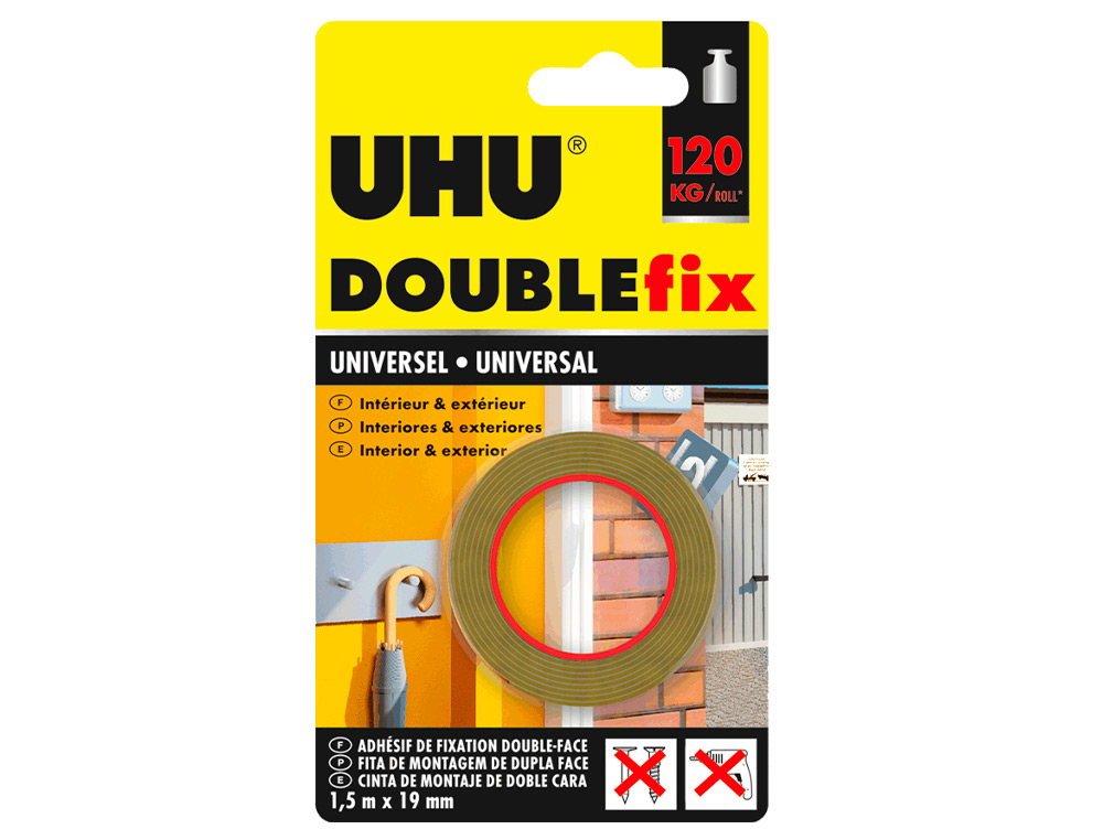 UHU - Cinta adhesiva doublefix marron doble cara extra fuerte 1,5 mt x 19 mm (Ref. 36497)