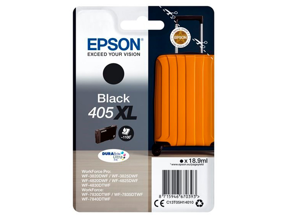 EPSON - Cartucho de inyección de tinta 405 XL wf-3820dwf / wf-4820dwf / wf-7830dtwf / wf-7840dtwf alta capacidad negro (Ref. C13T05H14010)