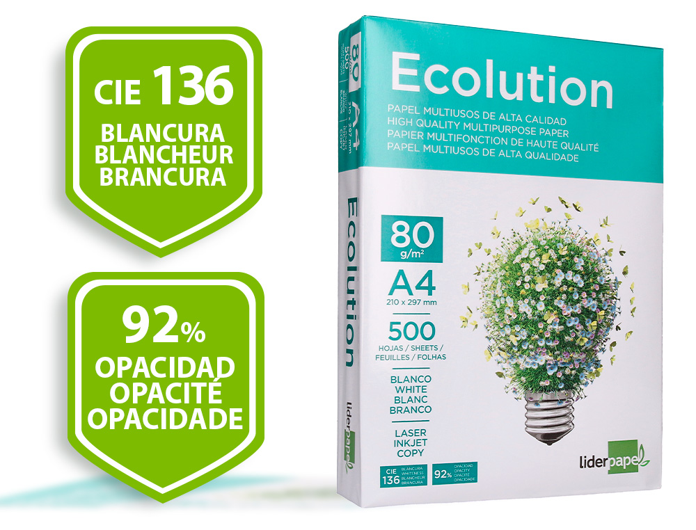 LIDERPAPEL - PAPEL FOTOCOPIADORA ECOLUTION - DIN A4 - 80g - PAQUETE 500 HOJAS (Ref.FT02)