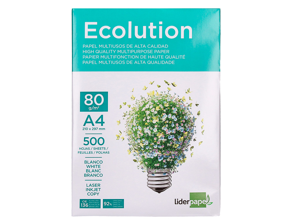 LIDERPAPEL - PAPEL FOTOCOPIADORA ECOLUTION - DIN A4 - 80g - PAQUETE 500 HOJAS (Ref.FT02)