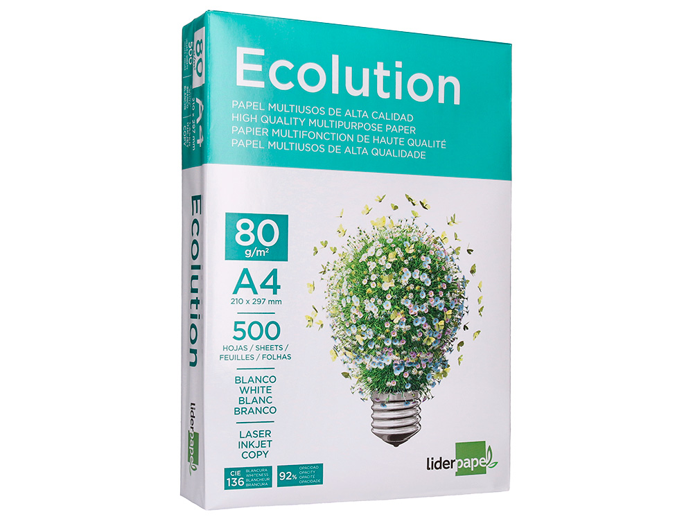 LIDERPAPEL - PAPEL FOTOCOPIADORA ECOLUTION - DIN A4 - 80g - PAQUETE 500 HOJAS (Ref.FT02)