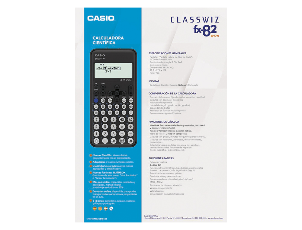 CASIO - Calculadora Científica 300 Funciones - 10+2 Dígitos - 9 Memorias (Ref.FX-82SP CW)