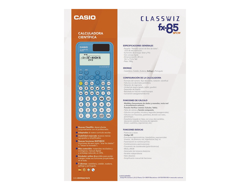 CASIO - Calculadora Científica FX-85 SP CW (63x192 puntos) 10+2 dígitos - AZUL (Ref.FX-85SP CW)