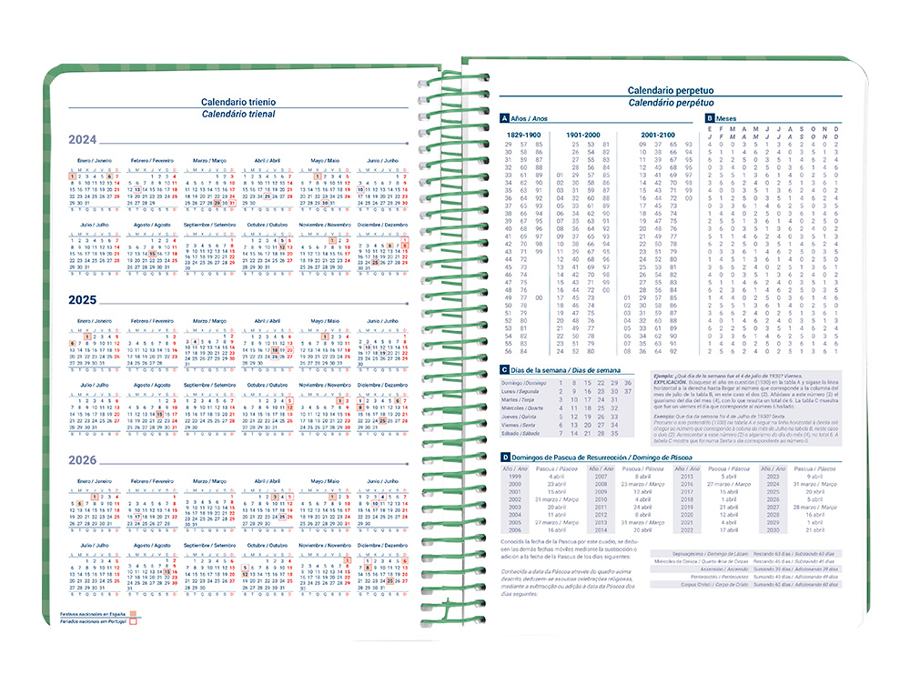 LIDERPAPEL - AGENDA ANUAL 2025 - SYROS - Espiral - Día Página - A5 148x210mm - VERDE (Ref.170421)