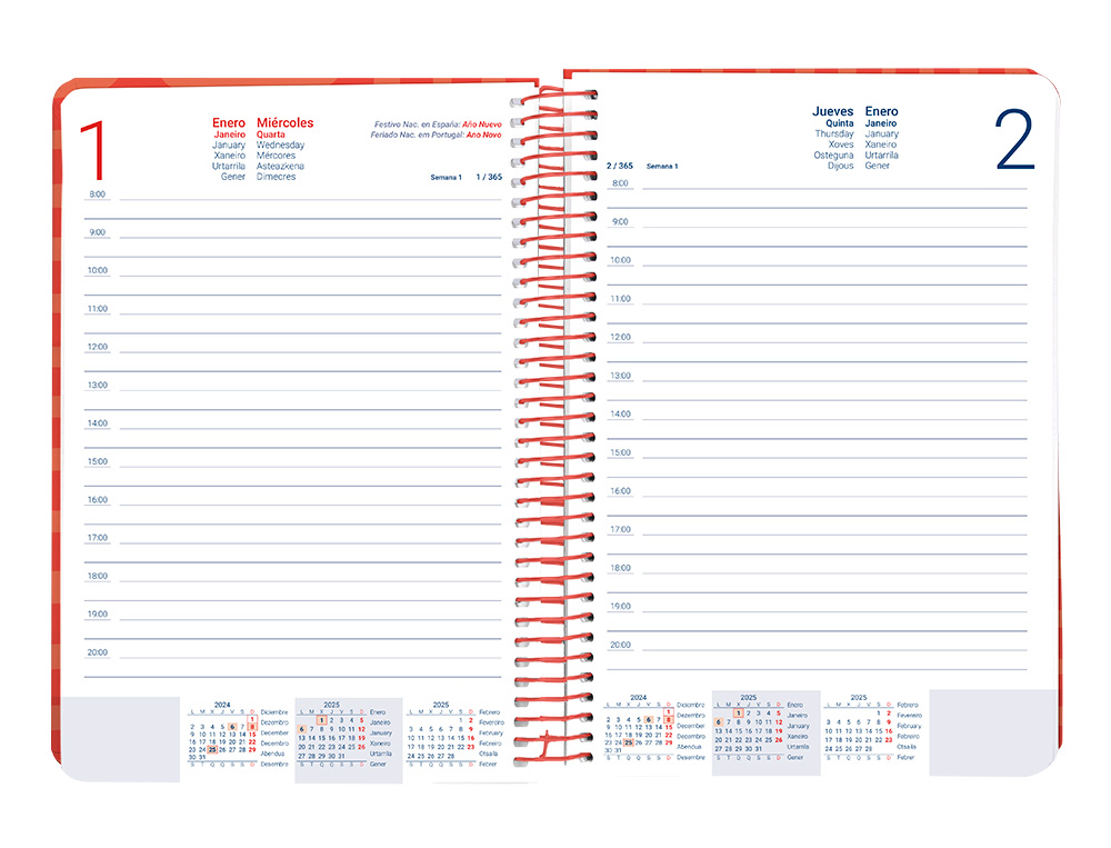 LIDERPAPEL - AGENDA ANUAL 2025 - SYROS - Espiral - Día Página - A5 148x210mm - ROJA (Ref.170420)