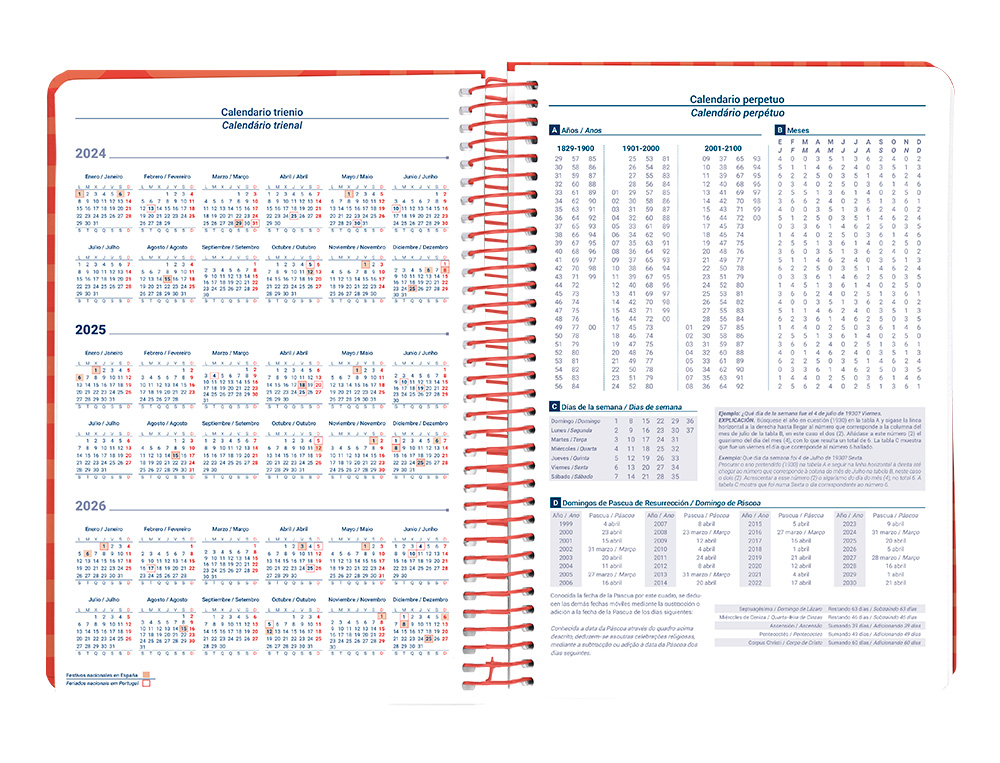 LIDERPAPEL - AGENDA ANUAL 2025 - SYROS - Espiral - Día Página - A5 148x210mm - ROJA (Ref.170420)