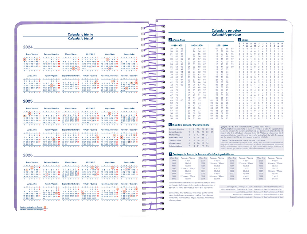 LIDERPAPEL - AGENDA ANUAL 2025 - SYROS - Espiral - Día Página - A5 148x210mm - MORADA (Ref.170423)