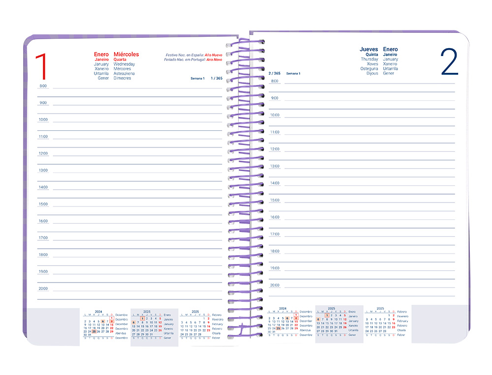 LIDERPAPEL - AGENDA ANUAL 2025 - SYROS - Espiral - Día Página - A5 148x210mm - MORADA (Ref.170423)