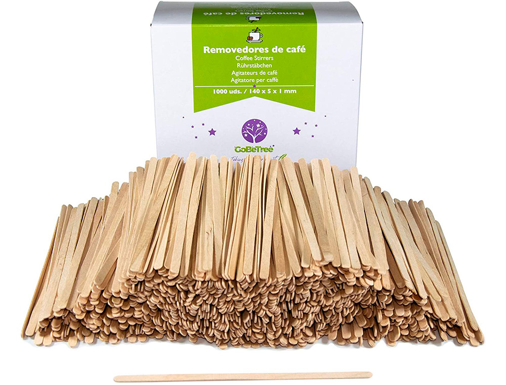 BLANCA - Paletina agitadora de madera 14 cm para el cafe con funda individual bolsa de 1000 unidades (Ref. 160286)