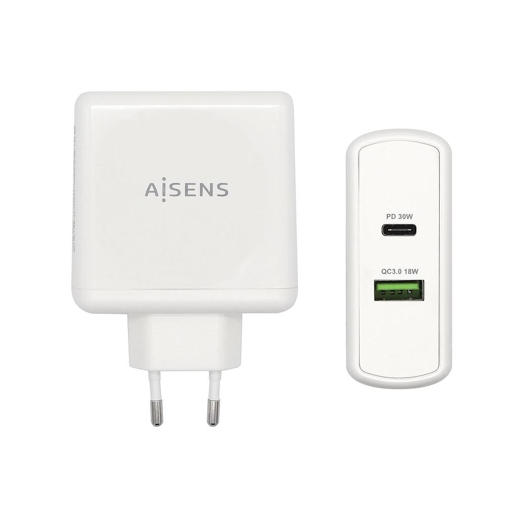 AISENS - CARGADOR 48W 1xUSB-C PD3.0 30W 1xUSB-A QC3.0 18W BLANCO (Ref.ASCH-2PD30QC-W)