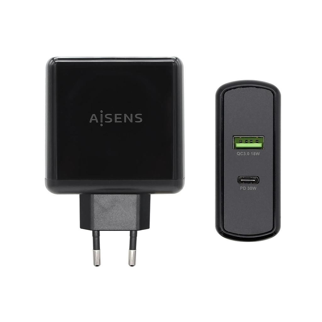 AISENS - CARGADOR 48W 1xUSB-C PD3.0 30W 1xUSB-A QC3.0 18W NEGRO (Ref.ASCH-2PD30QC-BK)