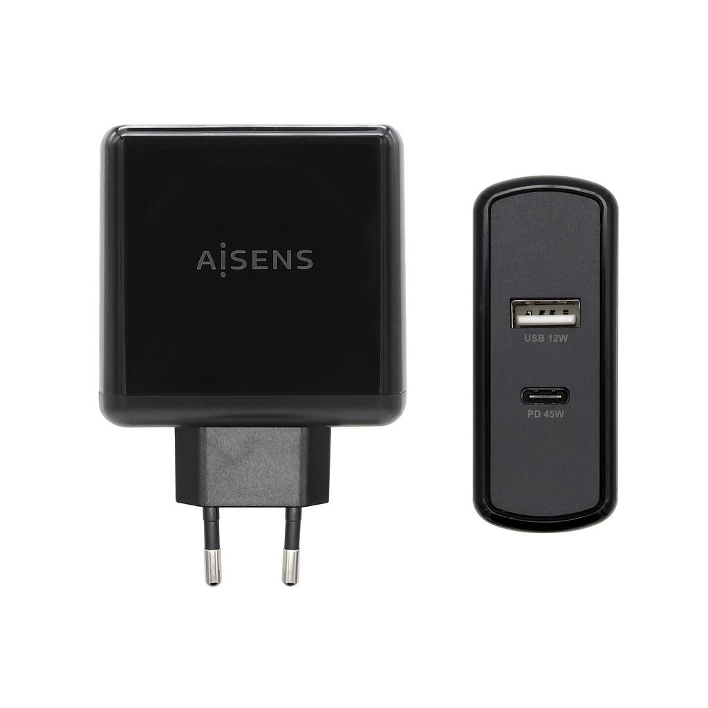 AISENS - CARGADOR 57W 1xUSB-C PD3.0 45W 1xUSB-A 5V/2.4A 12W NEGRO (Ref.ASCH-2PD45A-BK)