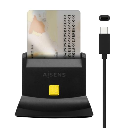 AISENS - LECTOR DE TARJETA DNI CON LECTOR DE TARJETAS SD + SIM USB-C, NEGRO (Ref.ASCR-SN04CSD-BK)