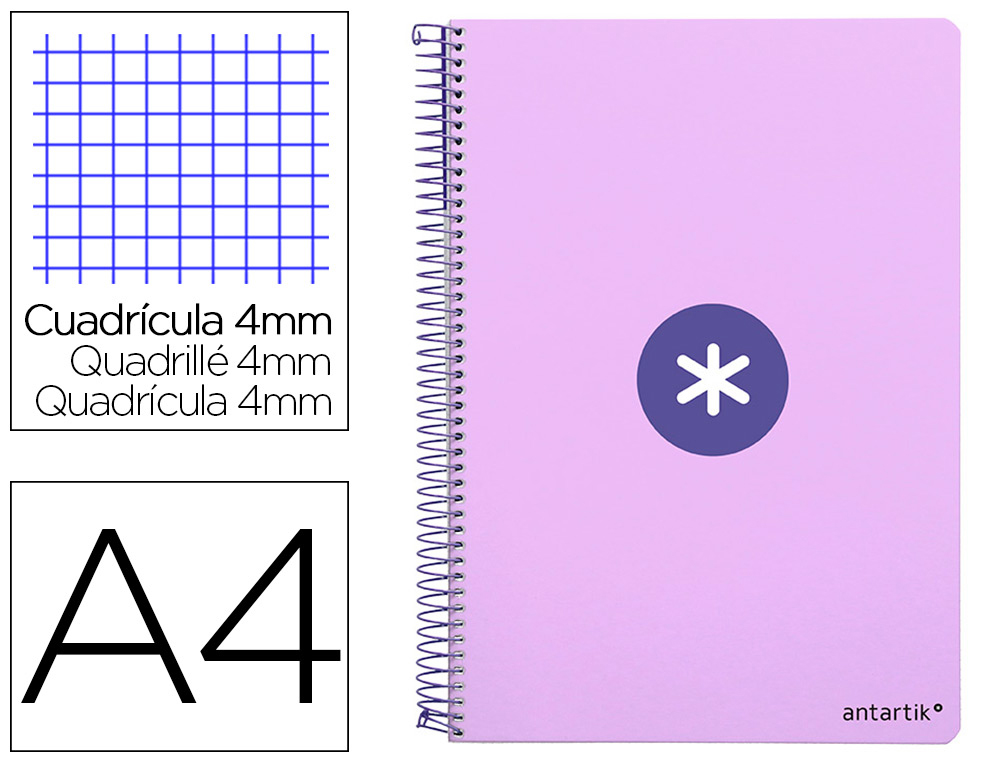 ANTARTIK - CUADERNO ESPIRAL LIDERPAPEL A4 TAPA DURA 80H 100GR CUADRO 4MM CON MARGEN COLOR LAVANDA (Ref.KB10)