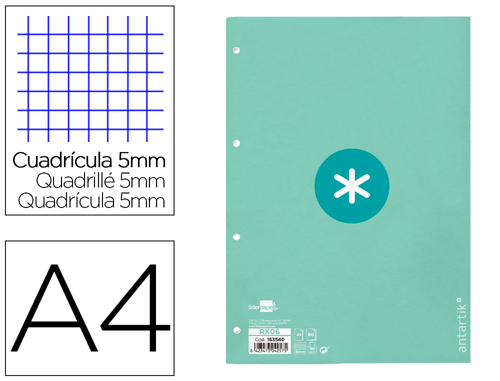 ANTARTIK - RECAMBIO LIDERPAPEL A4 80 HOJAS 90G/M2 CUADRO 5 MM 4 TALADROS 1 BANDA MARCO COLOR MENTA (Ref.RX06)
