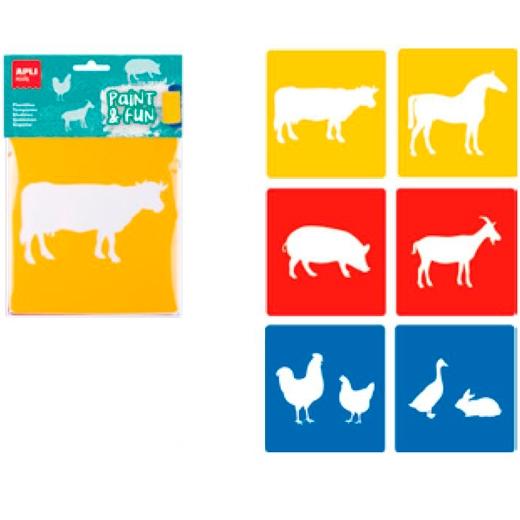 APLI - PLANTILLAS DE FORMAS ANIMALES DE GRANJA PAINT &amp; FUN PP FLEXIBLE BOLSA DE 6 SURTIDOS (Ref.19408)