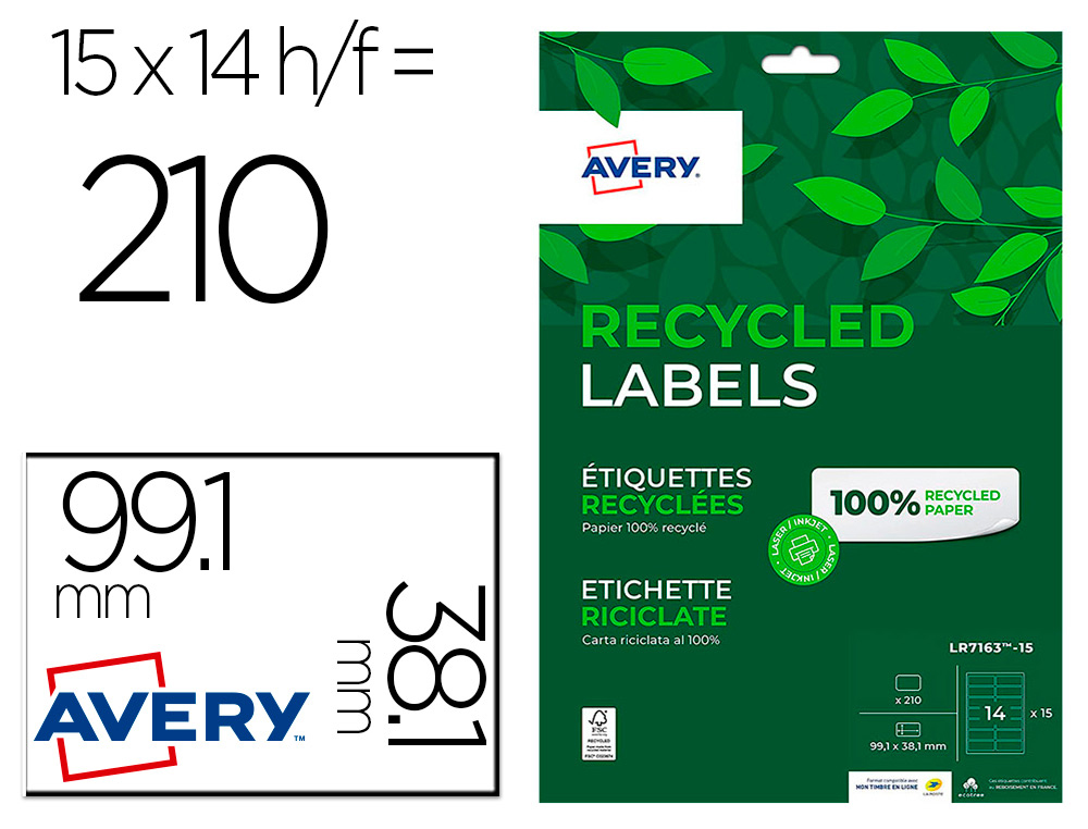 AVERY - ETIQUETA ADHESIVA BLANCA PERMANENTE RECICLADA 100% PARA IMPRESORA LASER 99,1X38,1 MM CAJA DE 210 (Ref.LR7163-15)