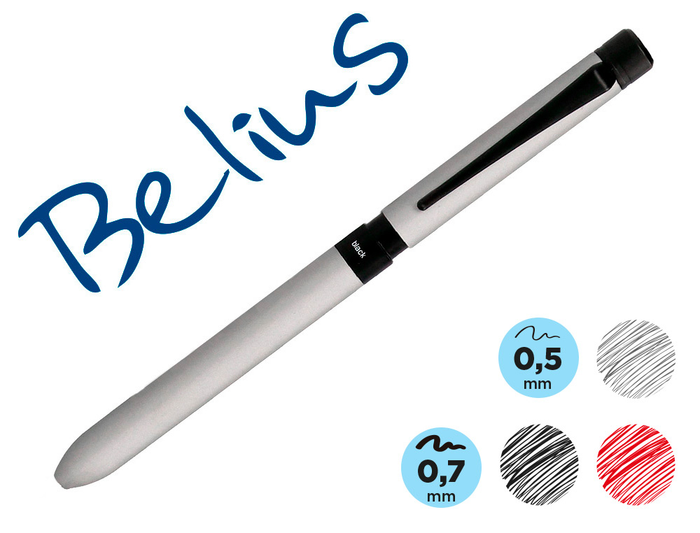 BELIUS - BOLIGRAFO ZURICH 3 EN 1 CUERPO PLATEADO TINTA NEGRA Y ROJA PORTAMINAS 0,5 MM EN ESTUCHE (Ref.BB185)