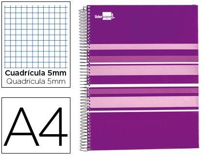 LIDERPAPEL - CUADERNO ESPIRAL A4 MICRO CLASSIC TAPA FORRADA 160H 60 GR CUADRO 5MM 5 BANDAS 4 TALADROS MORADO (Ref.BA51)
