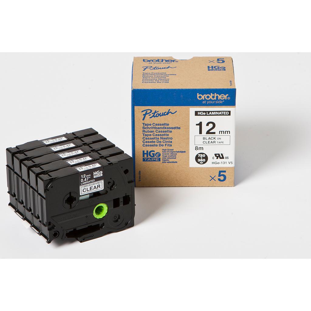 BROTHER - Cinta Alta Calidad 8m Transparente/Negro (Pack 5Ud)12mm (Ref.HGe131V5)