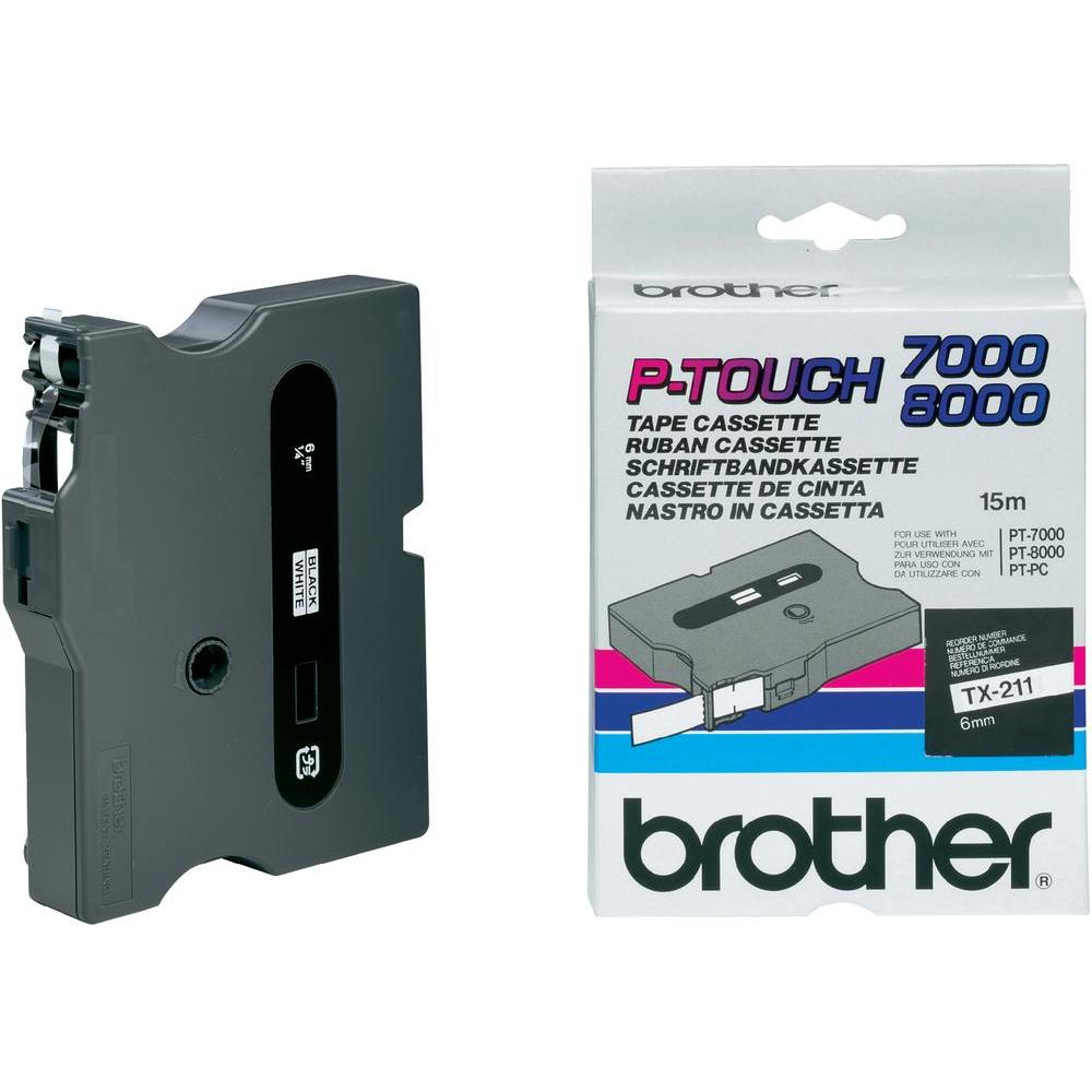 BROTHER - Cinta laminada Blanco / negro 6 mm (Ref.TX211)