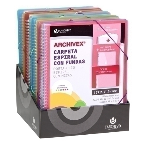 CARCHIVO - CARPETA FUNDAS (TARIFARIO) ESPIRAL PP ARCHIVEX-STAR CANGURO A4 EXPOSITOR DE 15 SURTIDOS (Ref.53038800)