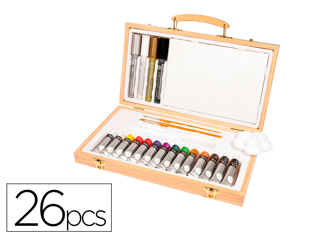 DALER ROWNEY - MALETIN DE PINTURAS ACRILICAS MADERA 26 PIEZAS 334X204X50 MM (Ref.D126500550)