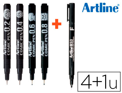 ARTLINE - ROTULADOR COMIC PEN CALIBRADO MICROMETRICO NEGRO BOLSA DE 3 UDS 0,2 0,4 0,8 + PERMANENTE 853 (Ref.EK-280/3W + 1 853)