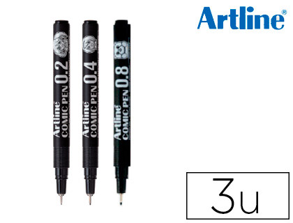 ARTLINE - ROTULADOR COMIC PEN CALIBRADO MICROMETRICO NEGRO BOLSA DE 3 UDS 0,2 0,4 0,8 MM (Ref.EK-280/3W)