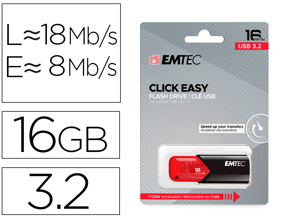 EMTEC - MEMORIA USB 3.2 CLICK EASY 16 GB ROJO (Canon L.P.I. 0,24€ Incluido) (Ref. E173096)