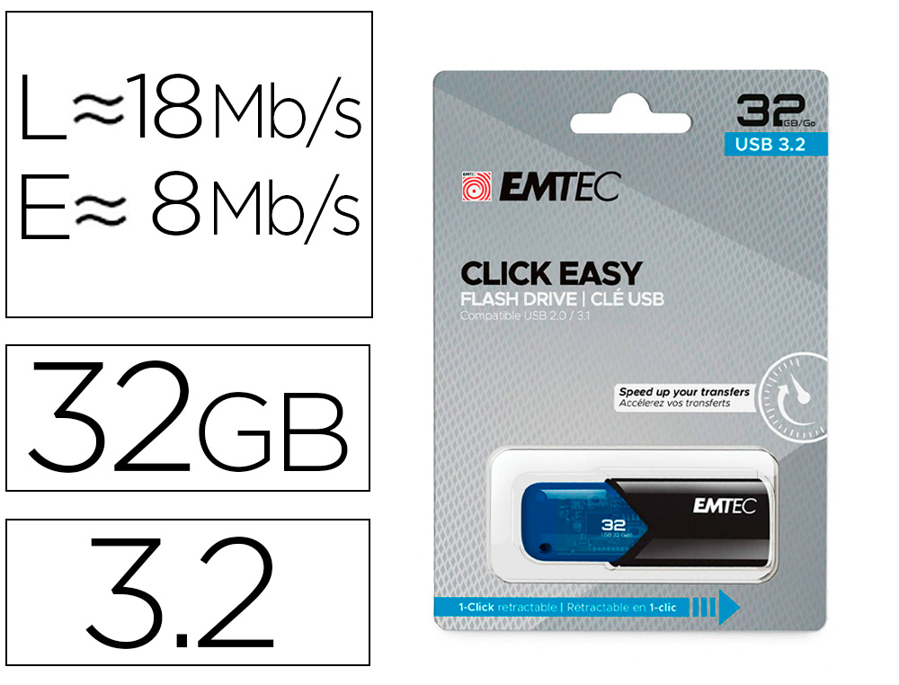 EMTEC - MEMORIA USB 3.2 CLICK EASY 32 GB AZUL (Canon L.P.I. 0,24€ Incluido) (Ref. E173126)