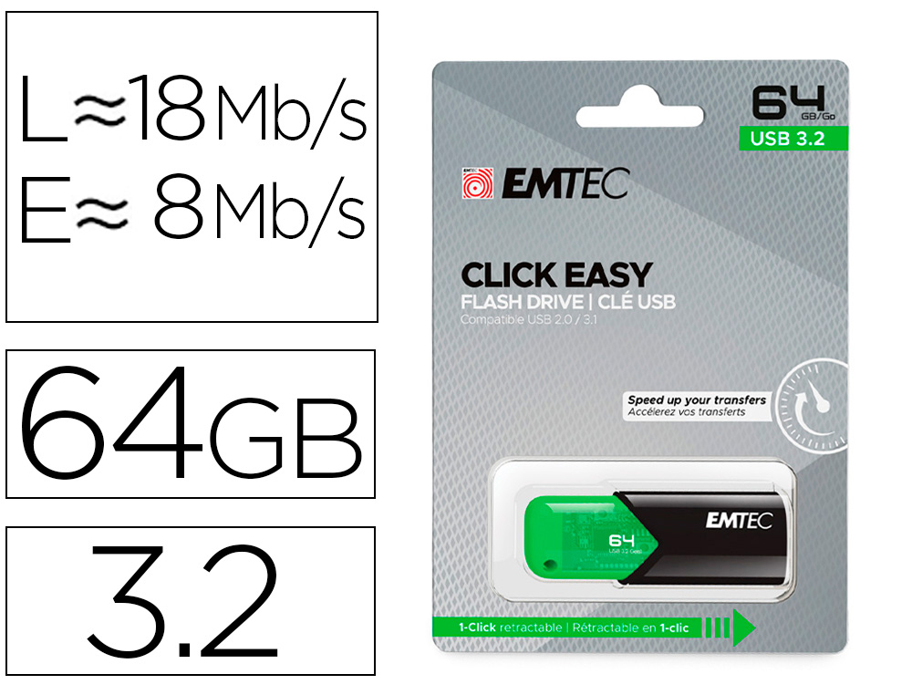 EMTEC - MEMORIA USB 3.2 CLICK EASY 64 GB VERDE (Canon L.P.I. 0,24€ Incluido) (Ref. E173157)