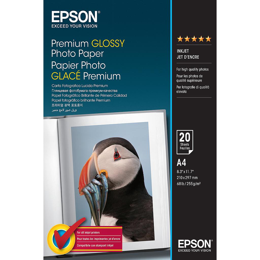 EPSON - Papel Premium Glossy Photo 255g, 20 Hojas de A4 (Ref.C13S041287)