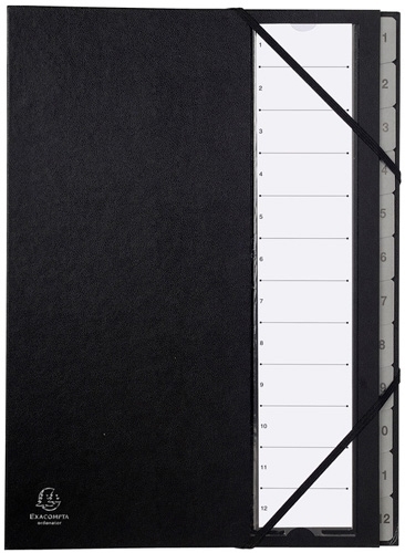 EXACOMPTA - CLASIFICADOR lomo FUELLE PP A4 12 SEPARAD. (1-12) GOMAS NEGRO (Ref.56012E)