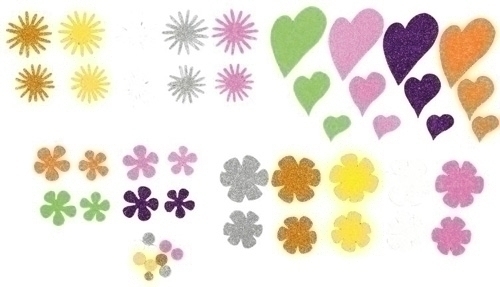 FIXO - GOMA EVA ADHESIVA con PURPURINA FLORES Y CORAZONES PACK 64 FIGURAS (Ref.5001/68002200)