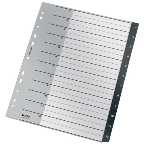 LEITZ - INDICE PP RECYCLE NUMERICO A4+ pestañas 1-12 16 taladros NEGRO (Ref.12090000)