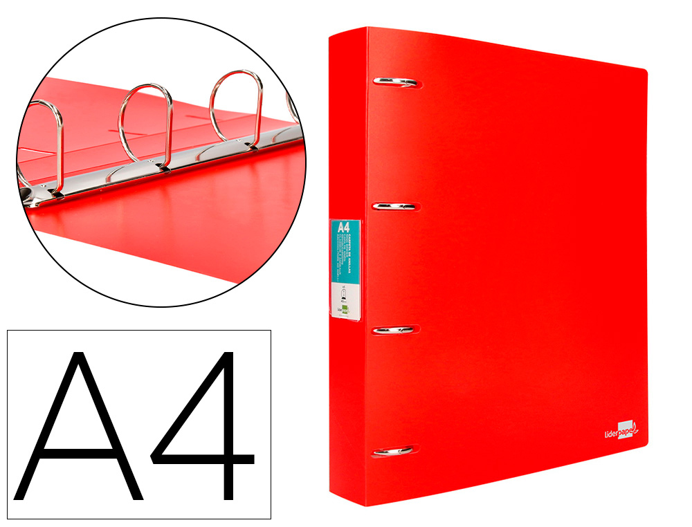 LIDERPAPEL - CARPETA 4 ANILLAS MIXTAS 40 MM POLIPROPILENO DIN A4 ROJO TRANSLUCIDO (Ref.CH40)