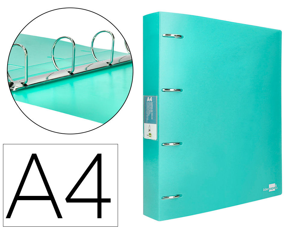 LIDERPAPEL - CARPETA 4 ANILLAS MIXTAS 40 MM POLIPROPILENO DIN A4 VERDE MANZANA OPACO (Ref.CH46)