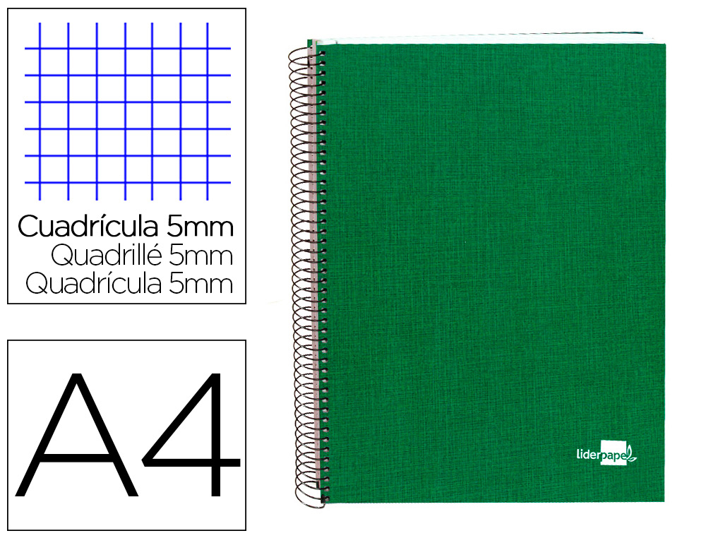 LIDERPAPEL - CUADERNO ESPIRAL A4 MICRO PAPERCOAT TAPA FORRADA 140H 75 GR CUADRO5MM 5 BANDAS 4 TALADROS VERDE (Ref.BA36)