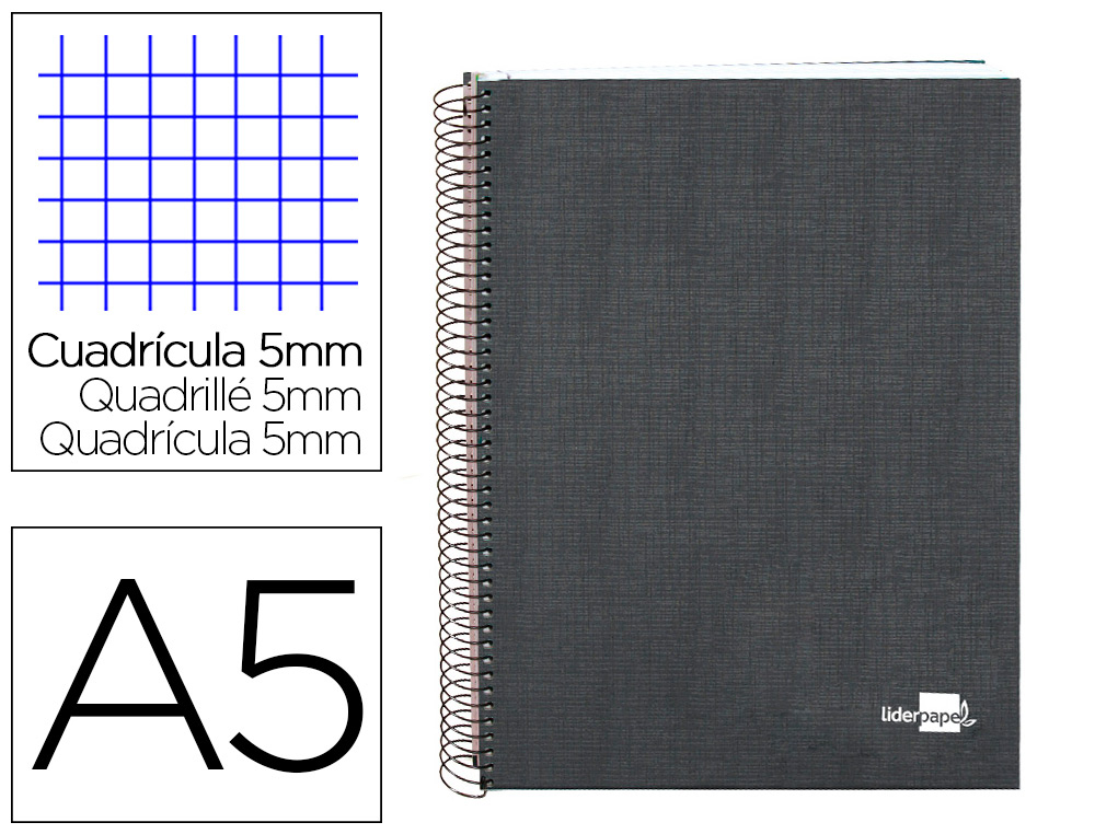 LIDERPAPEL - CUADERNO ESPIRAL A5 MICRO PAPERCOAT TAPA FORRADA 140H 75 GR CUADRO5MM 5 BANDAS 6 TALADROS NEGRO (Ref.BJ25)