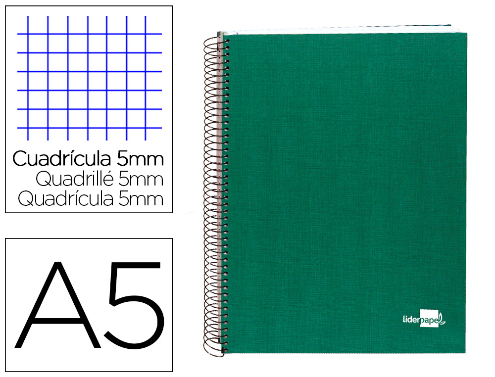 LIDERPAPEL - CUADERNO ESPIRAL A5 MICRO PAPERCOAT TAPA FORRADA 140H 75 GR CUADRO5MM 5 BANDAS 6 TALADROS VERDE (Ref.BJ27)