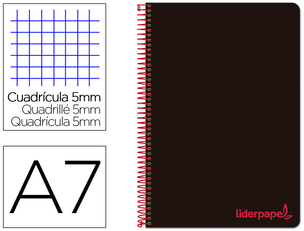 LIDERPAPEL - CUADERNO ESPIRAL A7 MICRO WONDER TAPA PLASTICO 100H 90 GR CUADRO 5MM 4 BANDAS COLOR NEGRO (Ref.BG17)