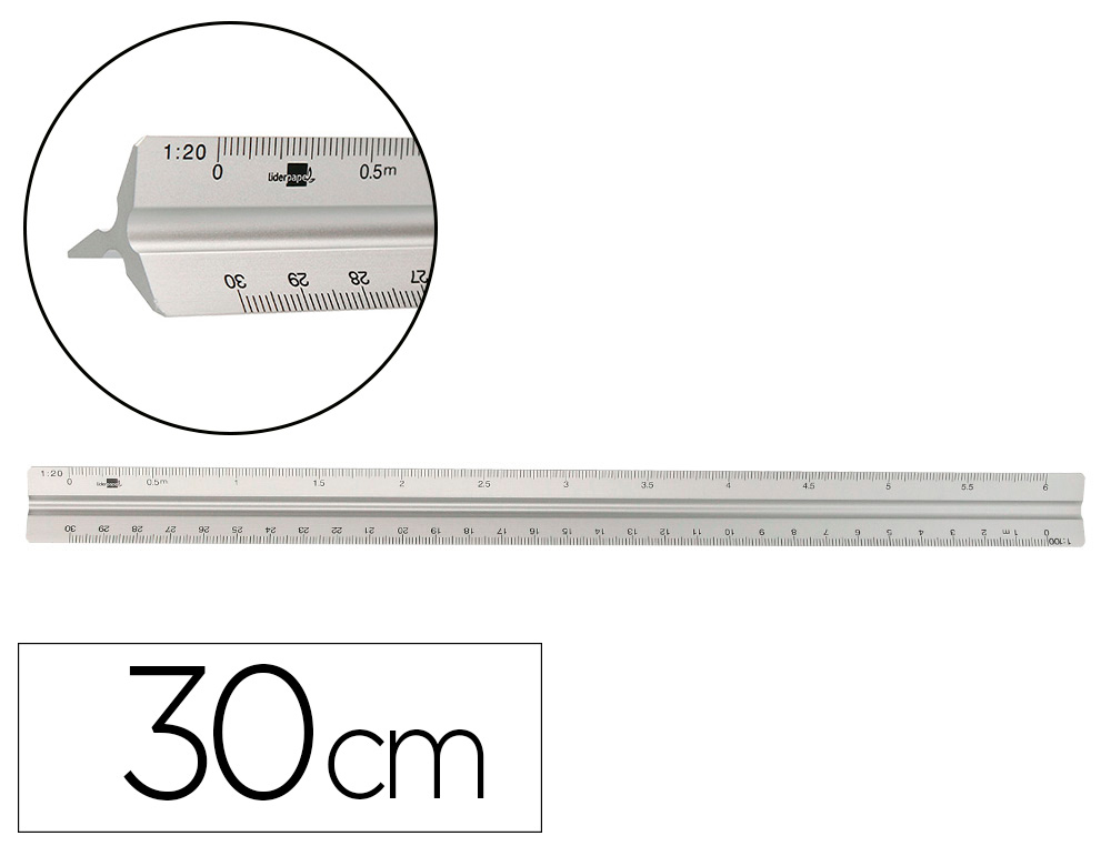 LIDERPAPEL - ESCALA ALUMINIO FORMA TRIANGULAR CON FUNDA PROTECTORA LONGITUD 30 CM 1:100/1:200/1:250/1:300/1:500 (Ref.EL01)