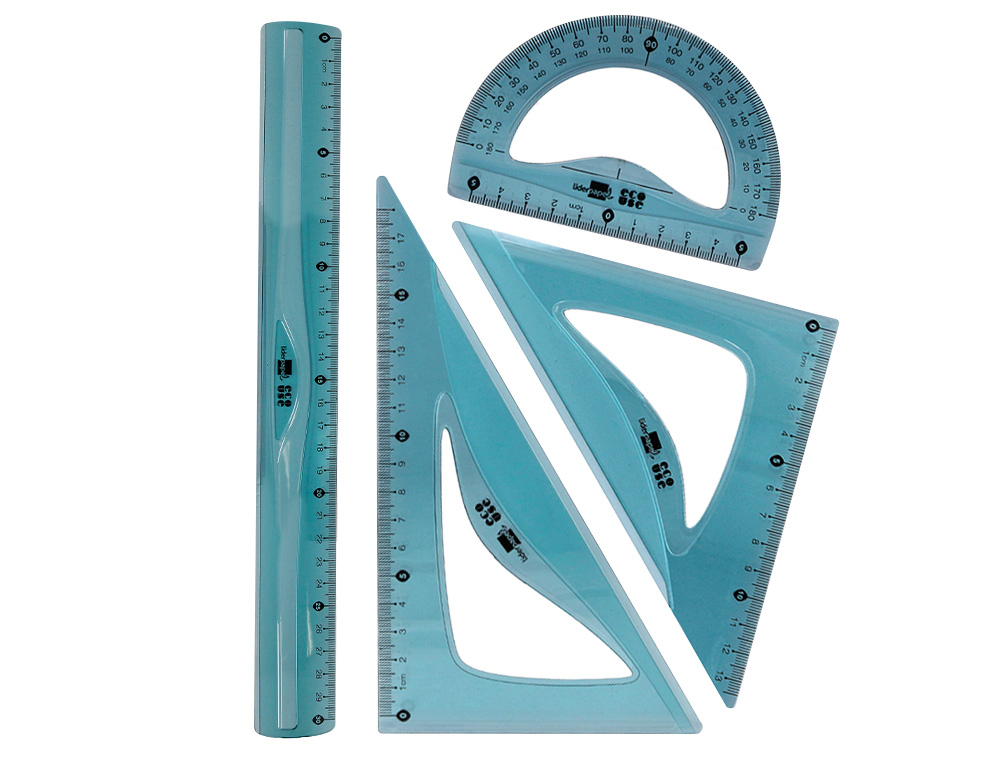 LIDERPAPEL - JUEGO ESCUADRA 20 CM CARTABON 18 CM REGLA 30 CM Y SEMICIRCULO 10 CM ECOUSE 100% PET RECICLADO (Ref.JG06)