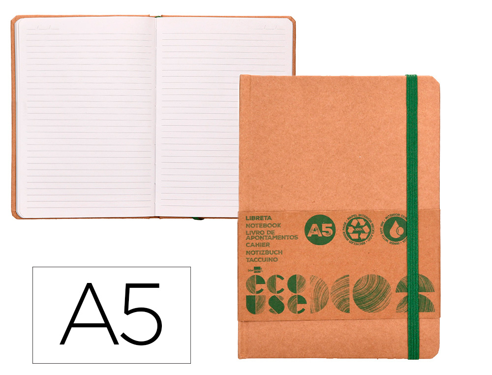 LIDERPAPEL - LIBRETA ECOUSE 100% RECICLADA A5 96 HOJAS 70G/M2 HORIZONTAL CON GOMILLA Y MARCA PAGINAS (Ref.LB66)